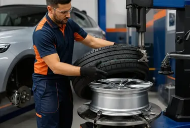 Mecânico realizando a troca de pneus em um veículo na borracharia em Valinhos.