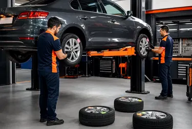 Mecânico realizando o rodízio de pneus de um carro na borracharia em Valinhos.
