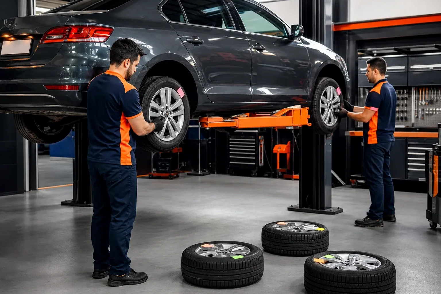 Mecânico realizando o rodízio de pneus de um carro na borracharia em Valinhos.
