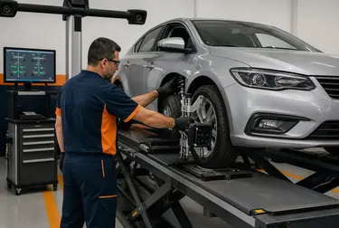 Técnico ajustando o alinhamento de rodas de um veículo em Valinhos.