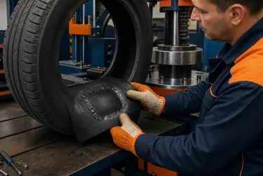 Técnico aplicando vulcanização em um pneu em Valinhos.